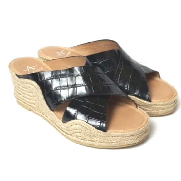 Aquatalia Marina Leather Croc Embossed Crisscross Espadrille Wedges Black Size 7 - Picture 1 of 15